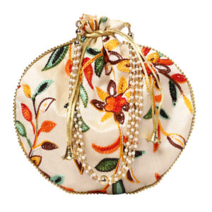 Women’s Floral Embroidered Potli Bag, Beige